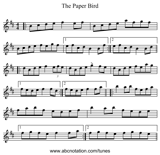 The Paper Bird - staff notation