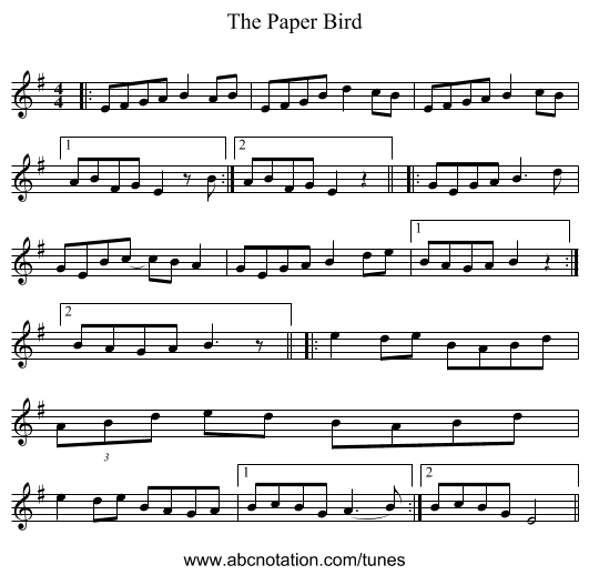 The Paper Bird - staff notation