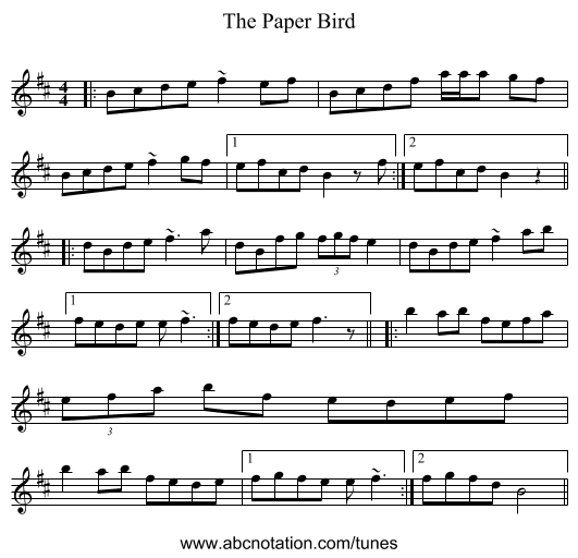The Paper Bird - staff notation
