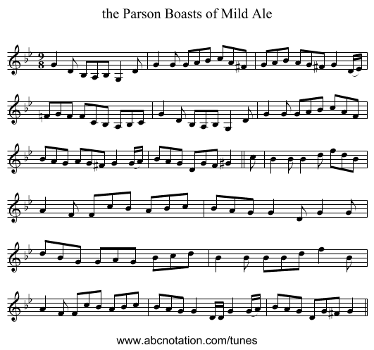 the Parson Boasts of Mild Ale - staff notation