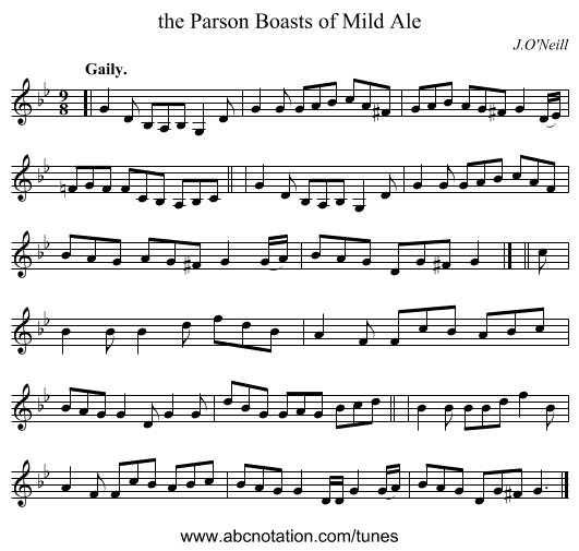 the Parson Boasts of Mild Ale - staff notation