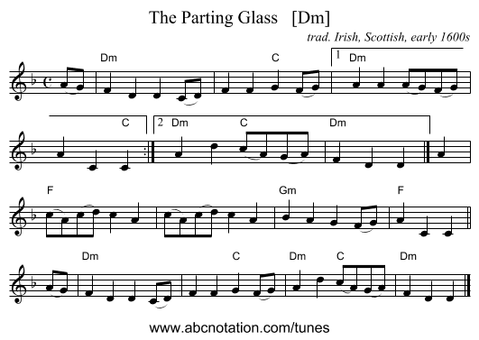The Parting Glass   [Dm] - staff notation