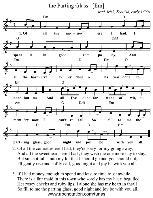 the Parting Glass   [Em] - staff notation