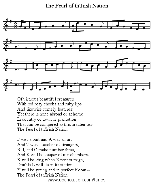 The Pearl of th'Irish Nation - staff notation