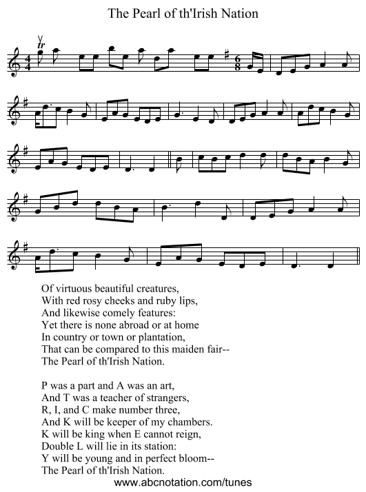 The Pearl of th'Irish Nation - staff notation