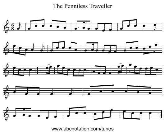 The Penniless Traveller - staff notation