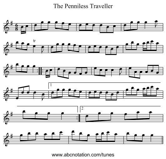 The Penniless Traveller - staff notation