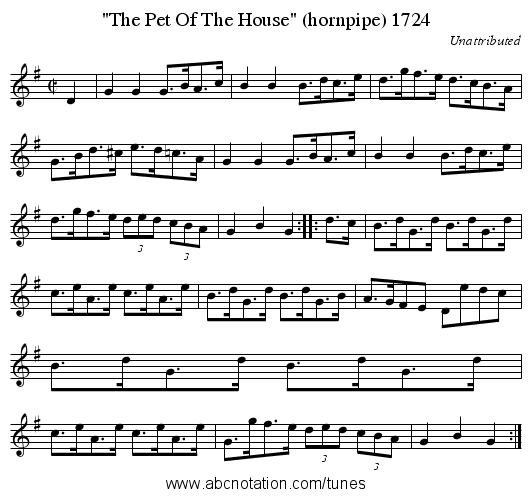The Pet Of The House (hornpipe) 1724 - staff notation