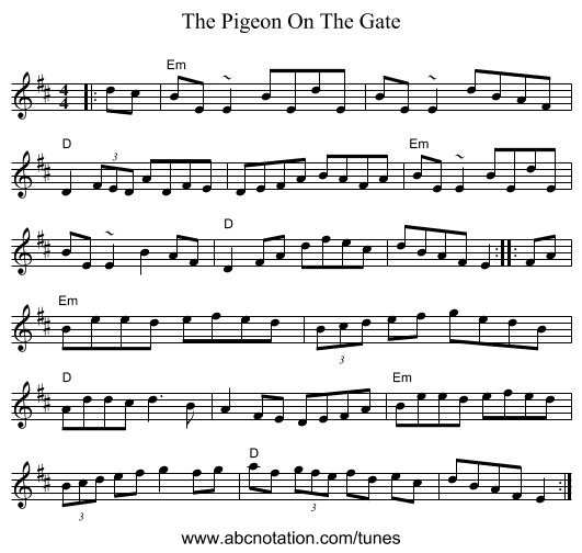 The Pigeon On The Gate - staff notation