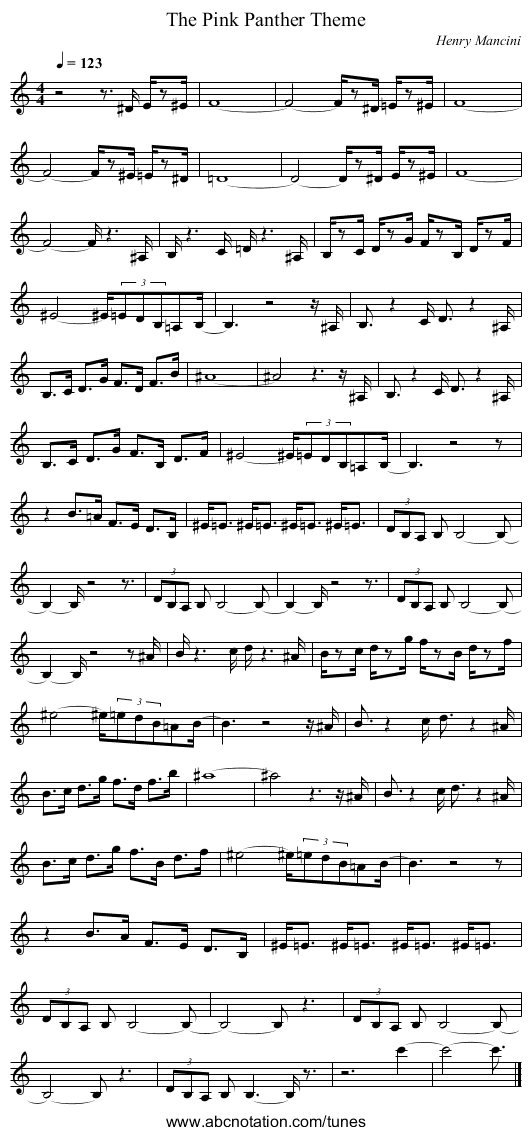 The Pink Panther Theme - staff notation