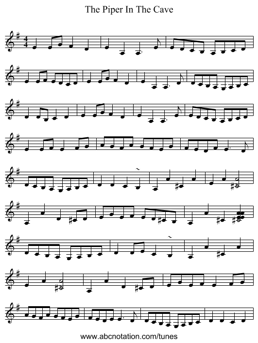 The Piper In The Cave - staff notation