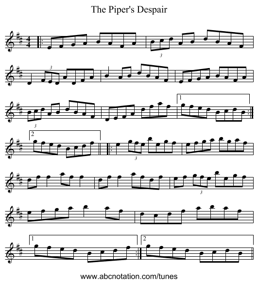 The Piper's Despair - staff notation