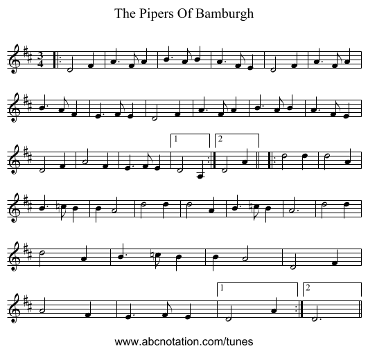 The Pipers Of Bamburgh - staff notation