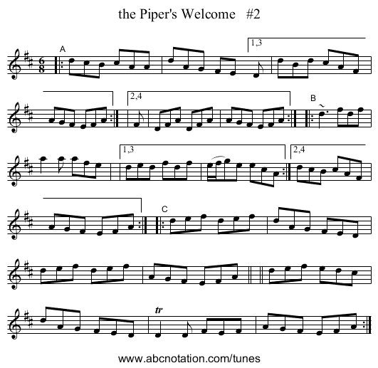 the Piper's Welcome   #2 - staff notation