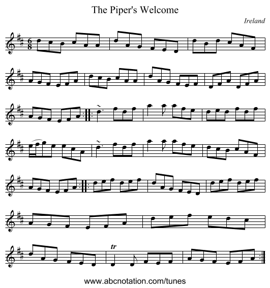 The Piper's Welcome - staff notation