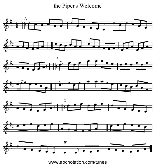 the Piper's Welcome - staff notation