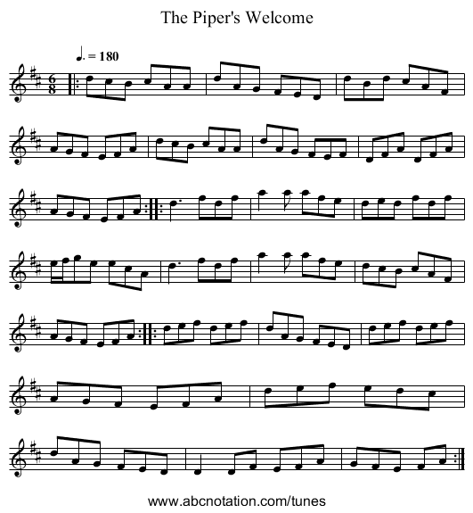 The Piper's Welcome - staff notation