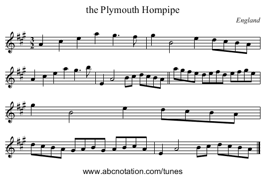 the Plymouth Hornpipe - staff notation