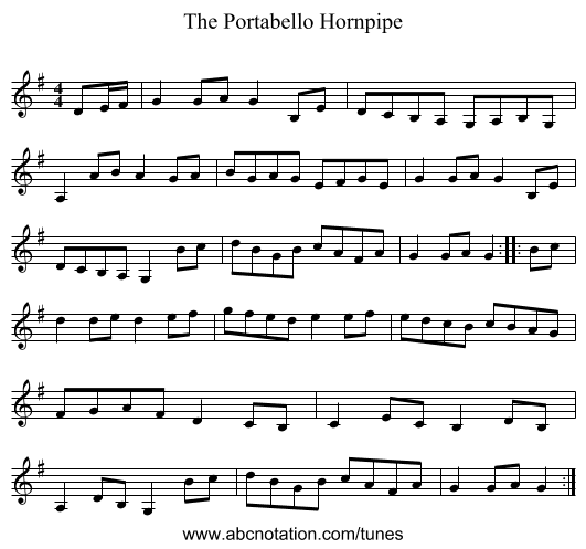 The Portabello Hornpipe - staff notation