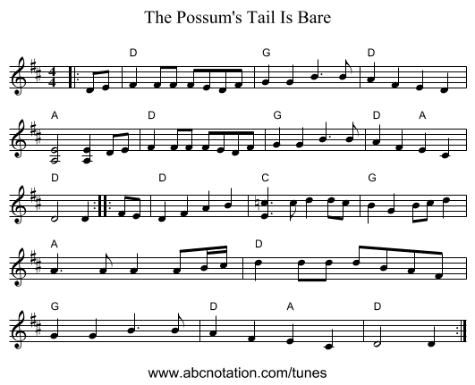 The Possum's Tail Is Bare - staff notation