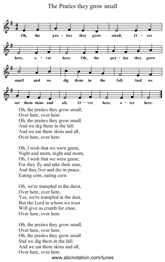 The Praties they grow small - staff notation