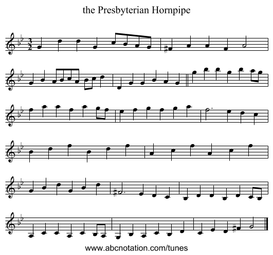 the Presbyterian Hornpipe - staff notation