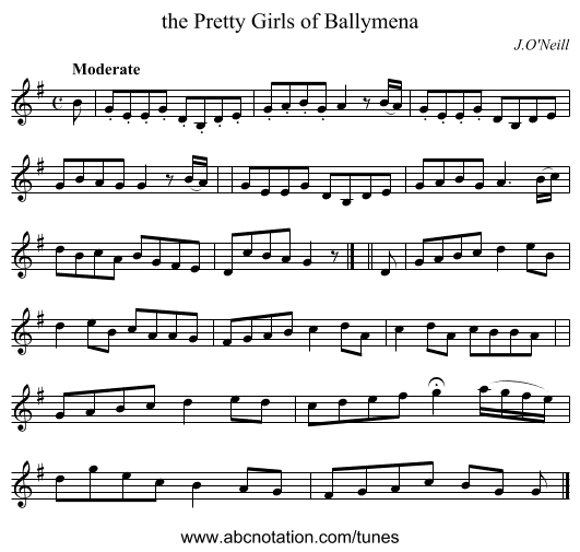the Pretty Girls of Ballymena - staff notation