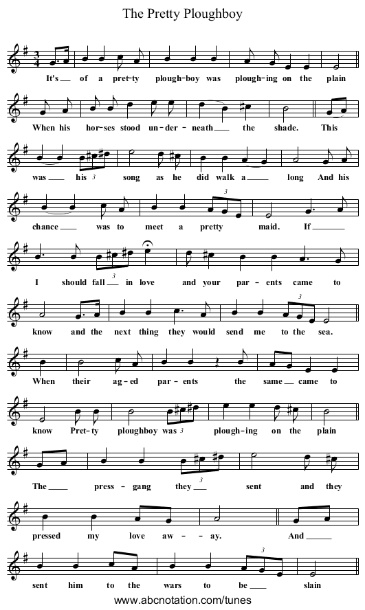 The Pretty Ploughboy - staff notation