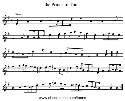 the Prince of Tunis - staff notation