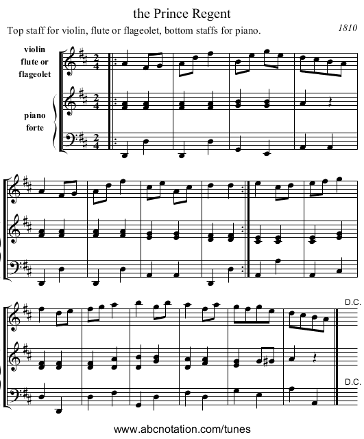 the Prince Regent - staff notation