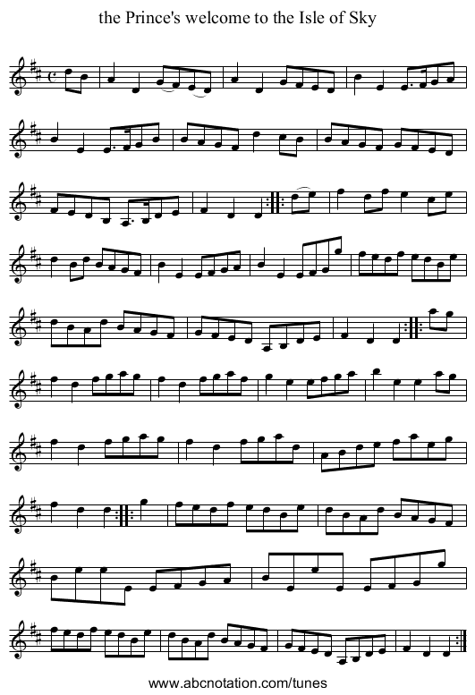 the Prince's welcome to the Isle of Sky - staff notation