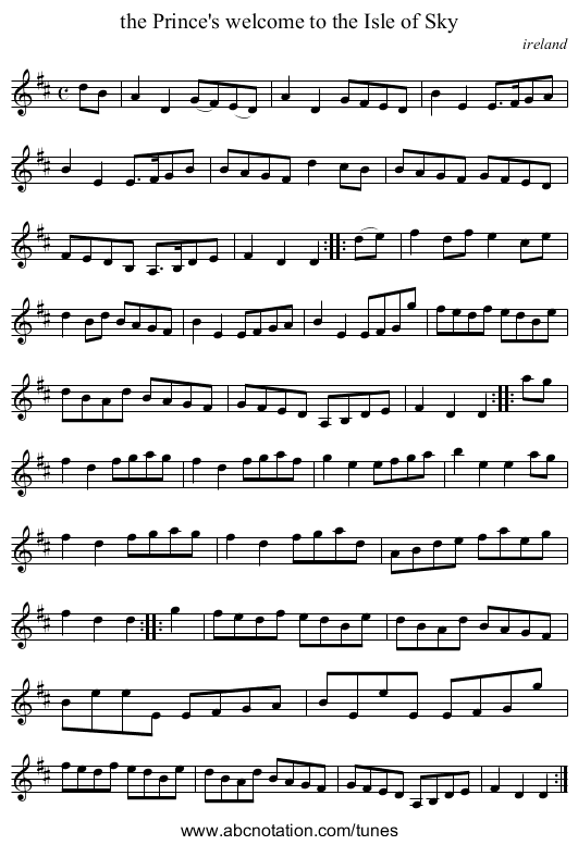 the Prince's welcome to the Isle of Sky - staff notation