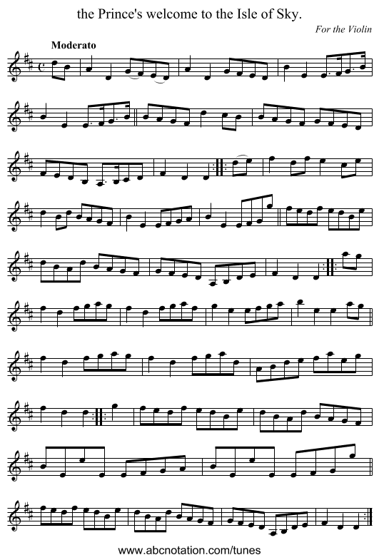 the Prince's welcome to the Isle of Sky. - staff notation