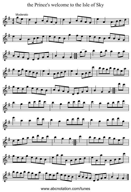 the Prince's welcome to the Isle of Sky - staff notation