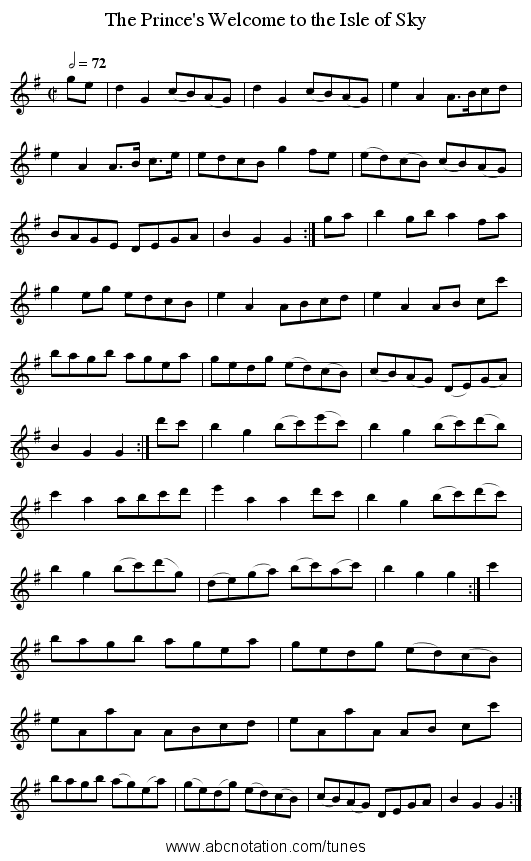 The Prince's Welcome to the Isle of Sky - staff notation