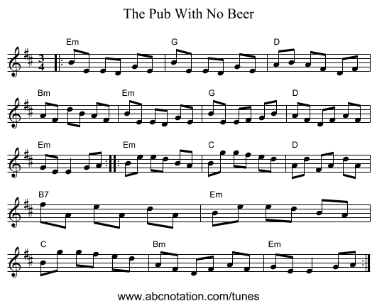 The Pub With No Beer - staff notation