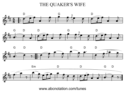 THE QUAKER'S WIFE - staff notation
