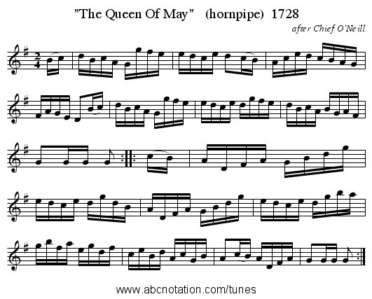 The Queen Of May (hornpipe) 1728 - staff notation