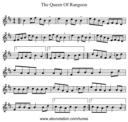 The Queen Of Rangoon - staff notation