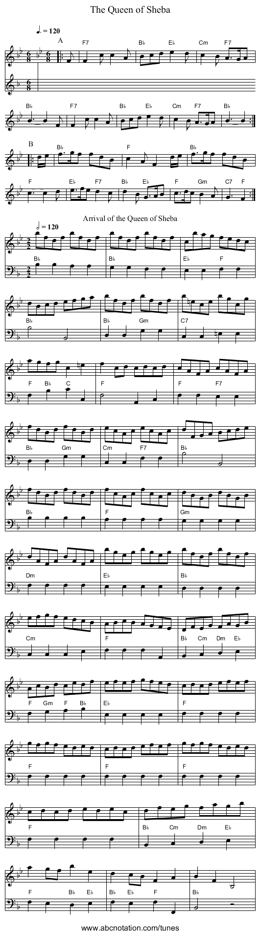 The Queen of Sheba - staff notation