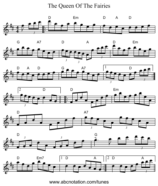 The Queen Of The Fairies - staff notation