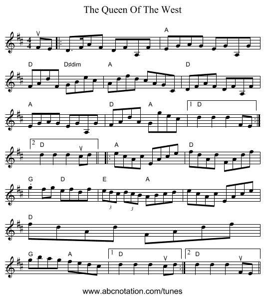 The Queen Of The West - staff notation