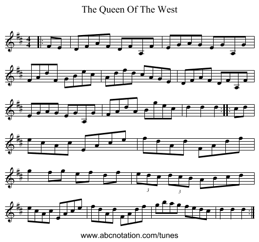 The Queen Of The West - staff notation