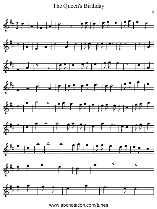 The Queen's Birthday - staff notation