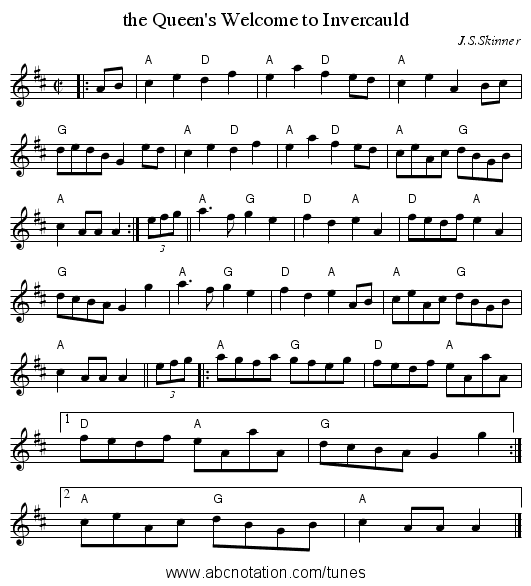 the Queen's Welcome to Invercauld - staff notation
