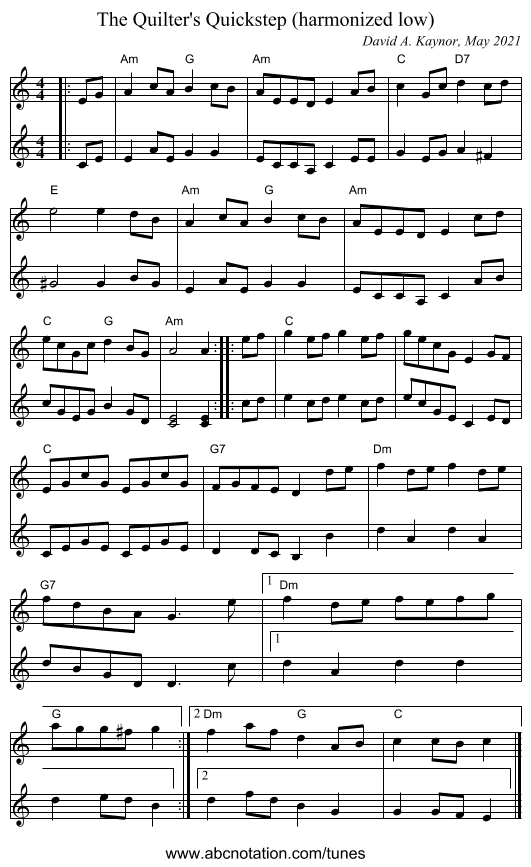 The Quilter's Quickstep (harmonized low) - staff notation