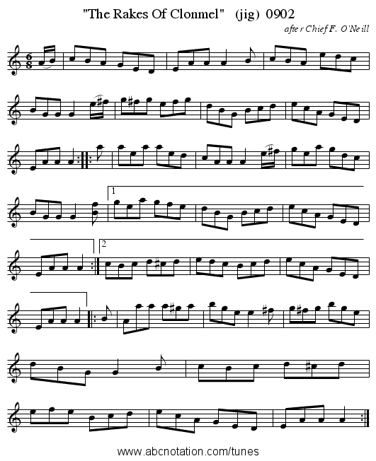 The Rakes Of Clonmel   (jig)  0902 - staff notation