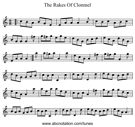 The Rakes Of Clonmel - staff notation