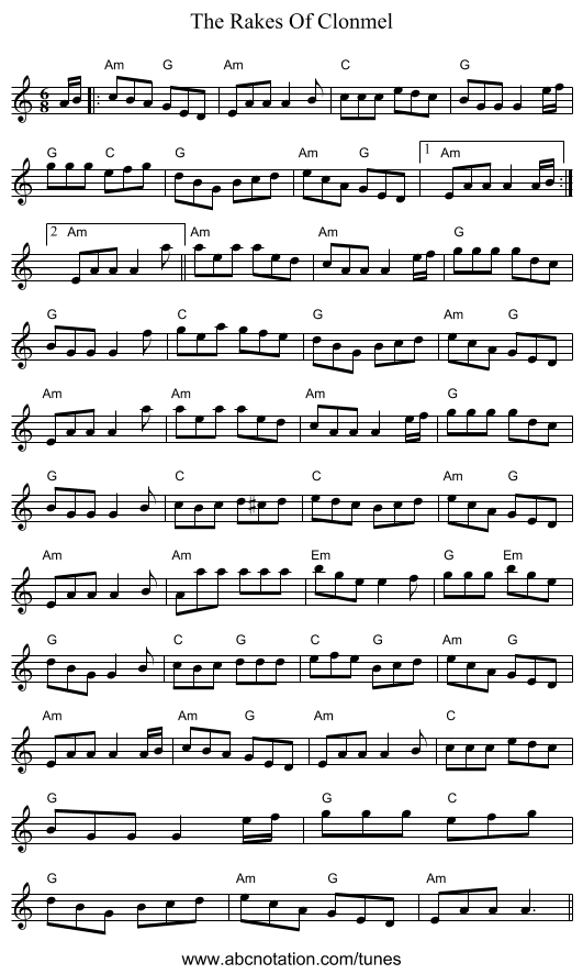 The Rakes Of Clonmel - staff notation