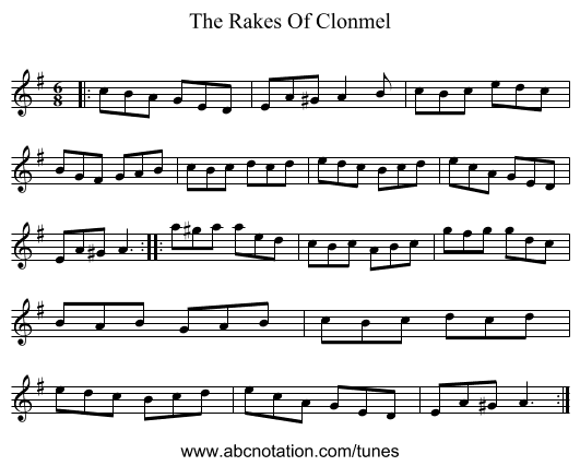 The Rakes Of Clonmel - staff notation